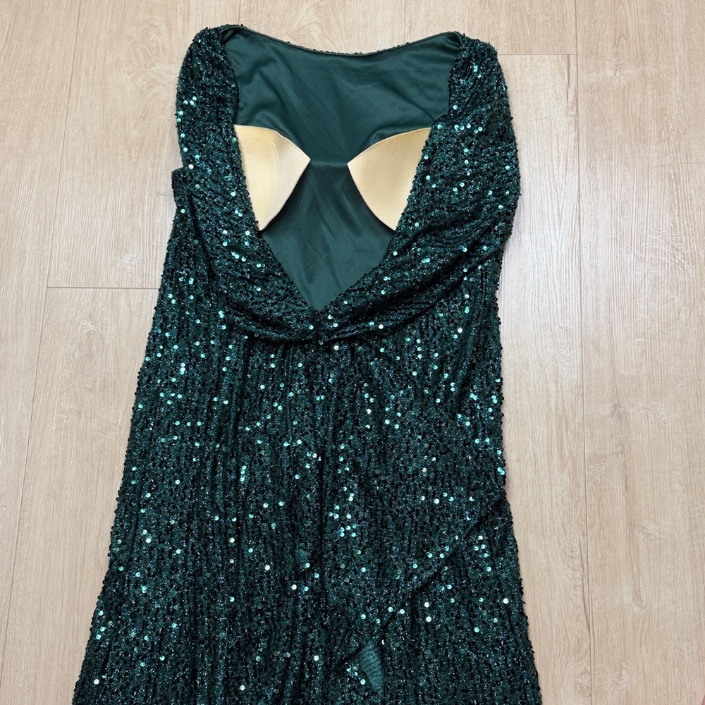 leena for Mac Duggal Cowl Back Boat Neck Sequined Evening Gown Emerald - Picture 5 of 7